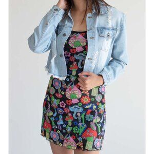 Ragstock Colorful Psychedelic Mushroom Mini Dress Women Med Mesh Overlay Hippie